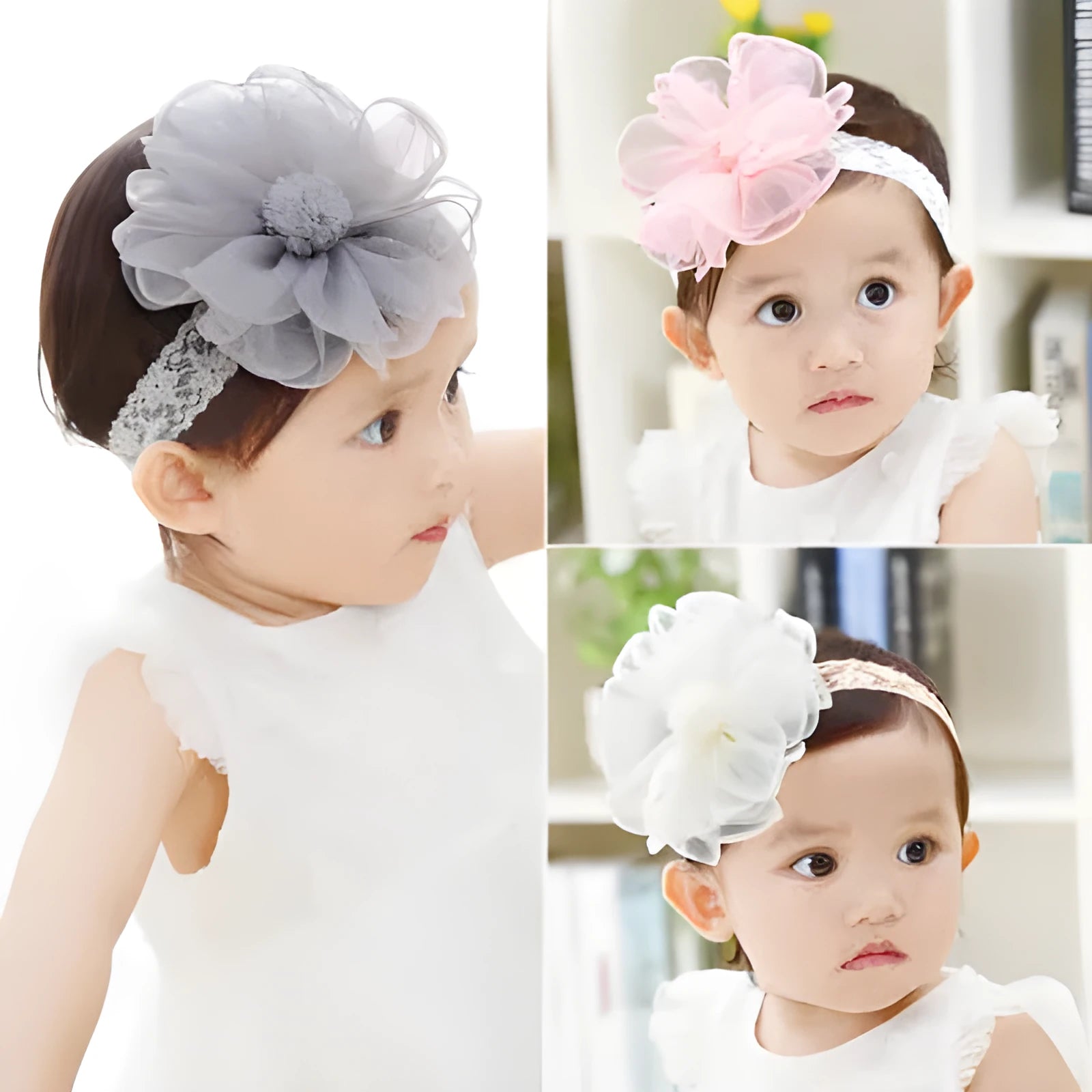 Set of fabric baby hair accessories including plaid headbands and hair bands in beige, gray, and pink