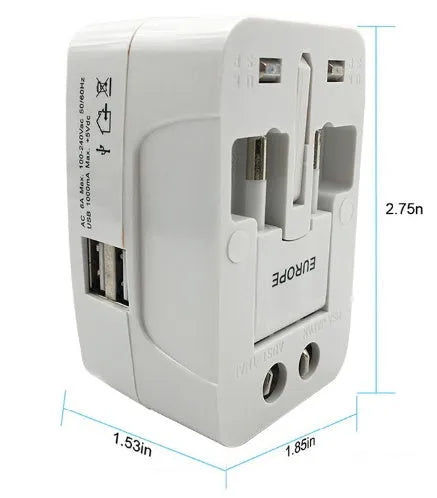 White universal travel plug adapter showing pins, sized at 73 by 50 by 39 millimetres.