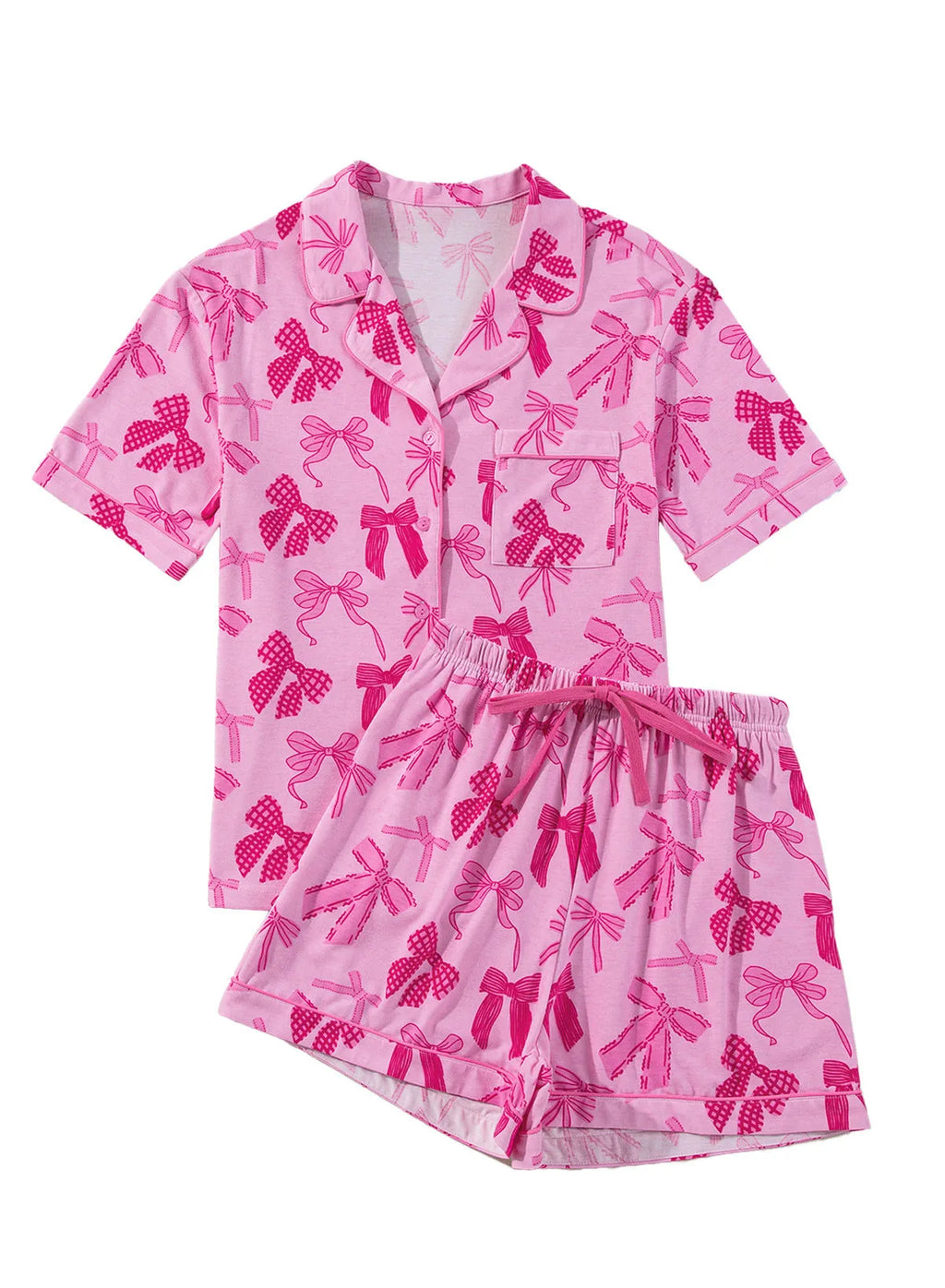 Pink women's two-piece pajama set with a bow print, made from lightweight polyester fabric.