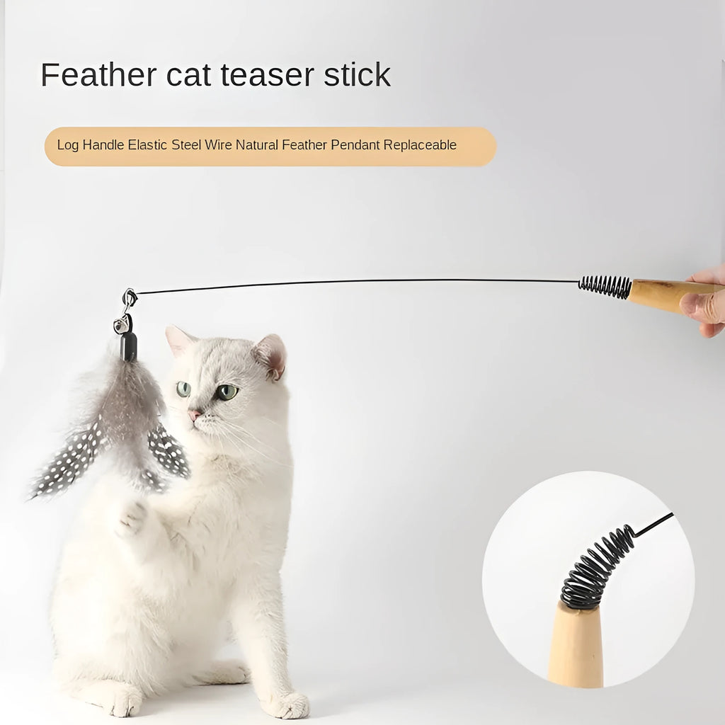 Wooden handle cat teasing stick with attached feather bell toy and three spare replacement heads.