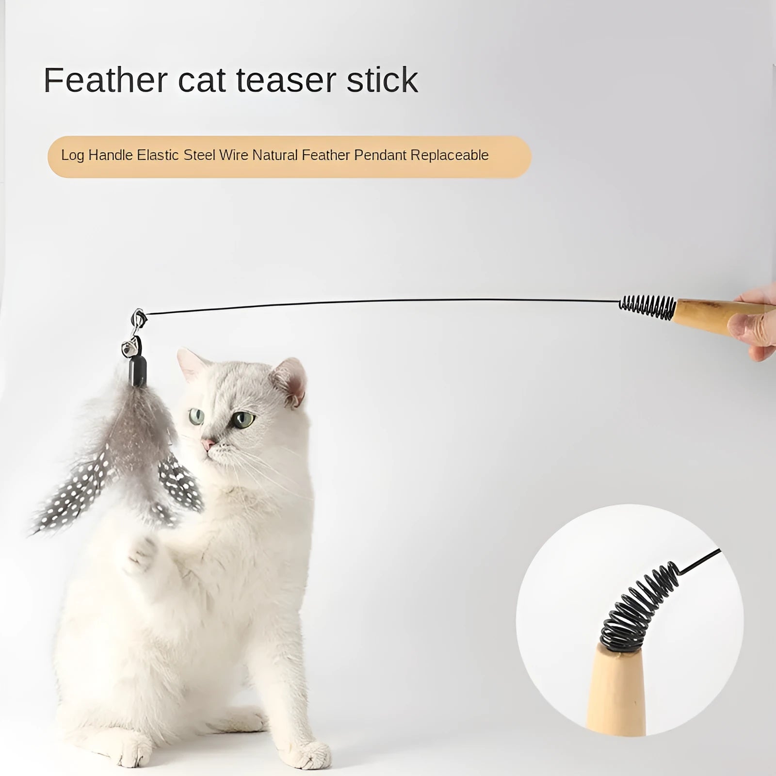 Wooden handle cat teasing stick with attached feather bell toy and three spare replacement heads.