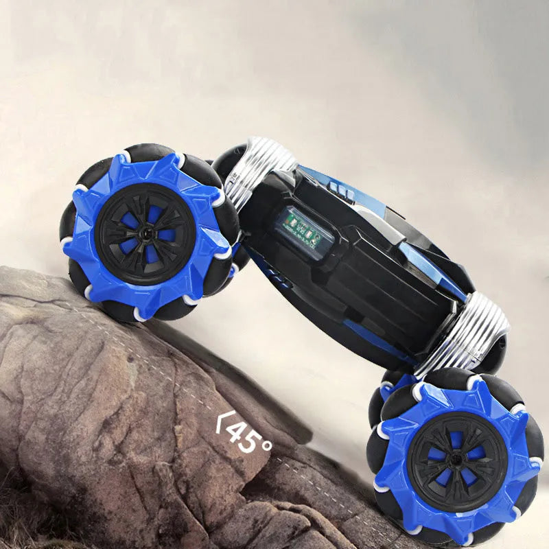 Blue electric remote control car with two motors, ABS plastic body, climbing and twisting wheels, on a pavement surface