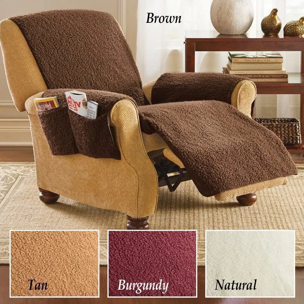 Lambswool polyester sofa cushion cover shown in beige, red, coffee, and dark grey colour options.