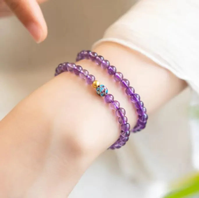 Nine purple lotus charm bracelet in Chinese student retro style with mixed materials
