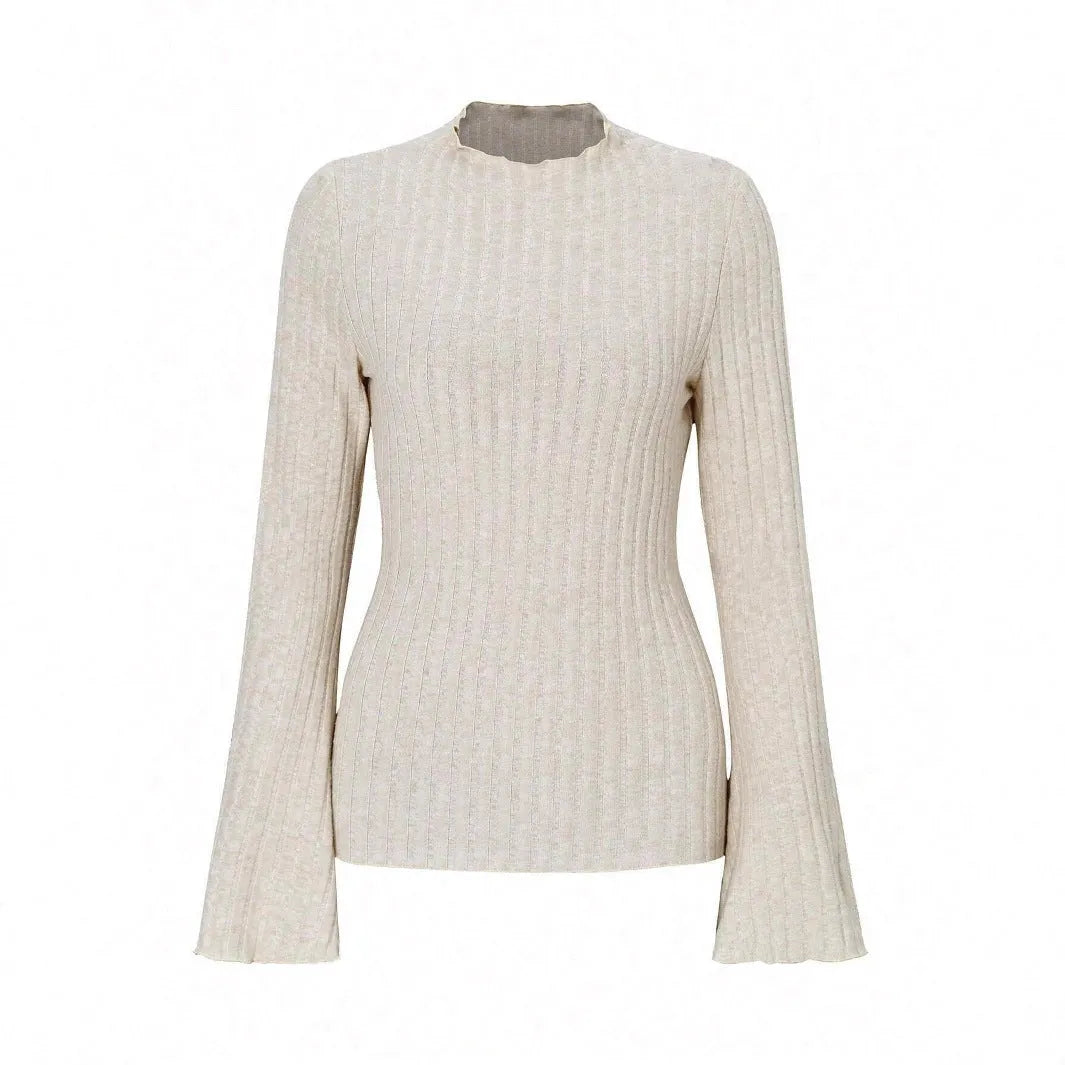 Women's black long sleeve slim fit top with lantern sleeves and round neck