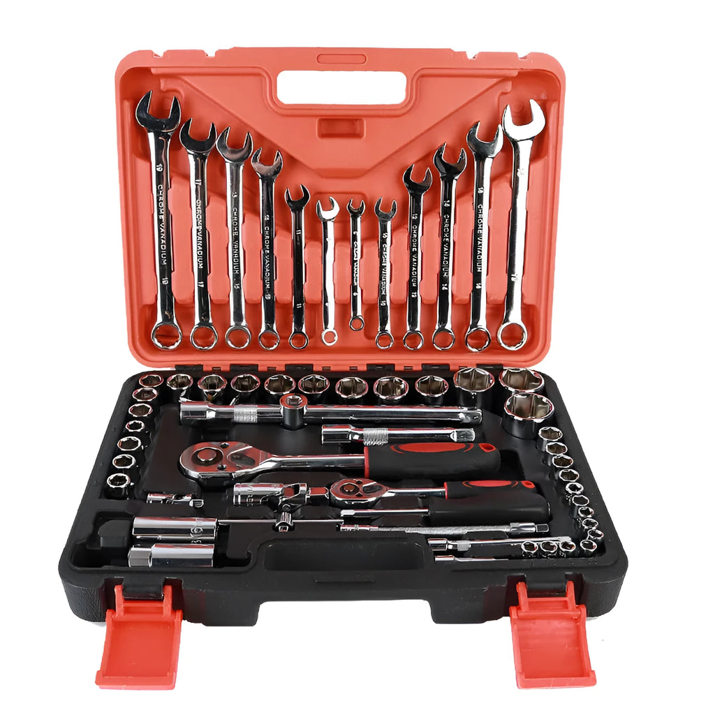 61-piece chrome vanadium steel auto repair tool set with sockets, wrenches, and ratchets on a workbench.