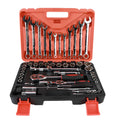 61-piece chrome vanadium steel auto repair tool set with sockets, wrenches, and ratchets on a workbench.