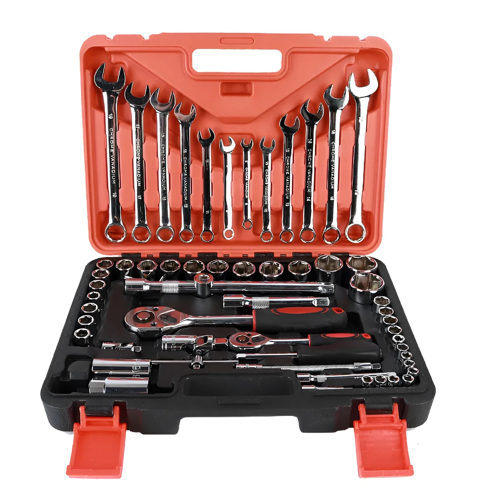 61-piece chrome vanadium steel auto repair tool set with sockets, wrenches, and ratchets on a workbench.
