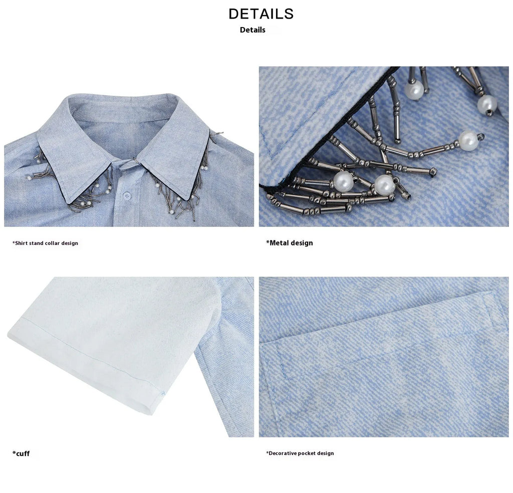 Men's blue and white gradient quilted loose fit short sleeve casual shirt