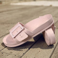 Women's grey blue flip-flop sandals with a buckle strap and soft EVA sole.