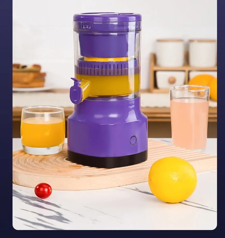 Purple USB rechargeable electric citrus juicer with cone-shaped pulp filter