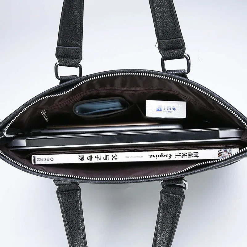 Men's business briefcase large horizontal square synthetic leather black zip closure 12-inch laptop bag