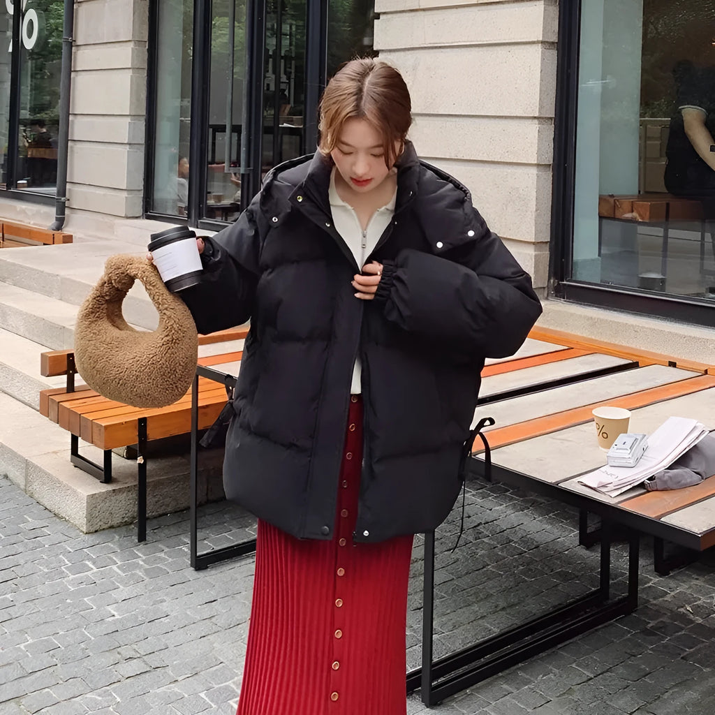 Women's loose cotton-padded jacket with princess sleeves in milky white colour for autumn winter wear