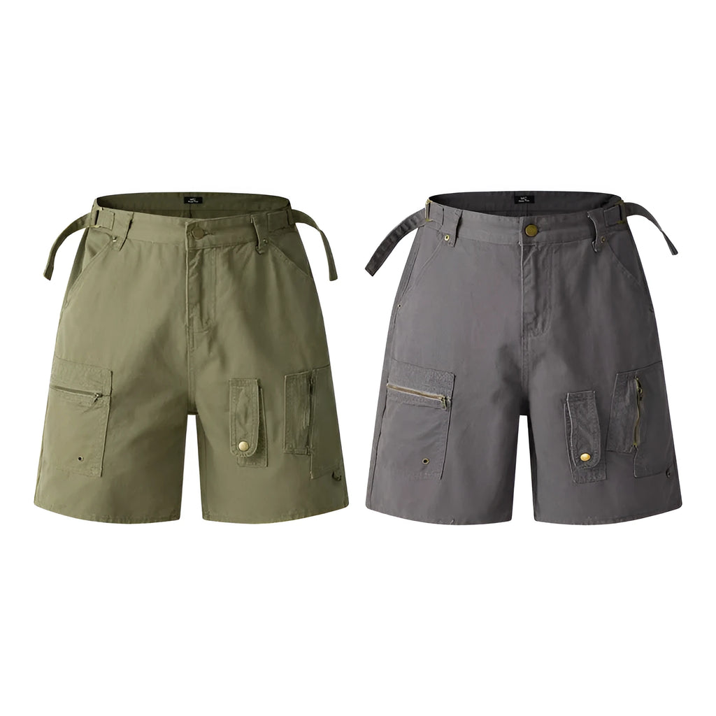 Retro-style washed cotton work shorts in loose fit shown in grey, green, camouflage and blue colour options.