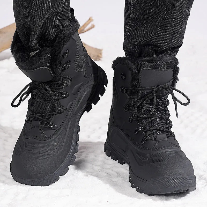 Men's black high-top lace-up boots with fleece lining, shown on a flat heel with a ribbed TPR outsole.