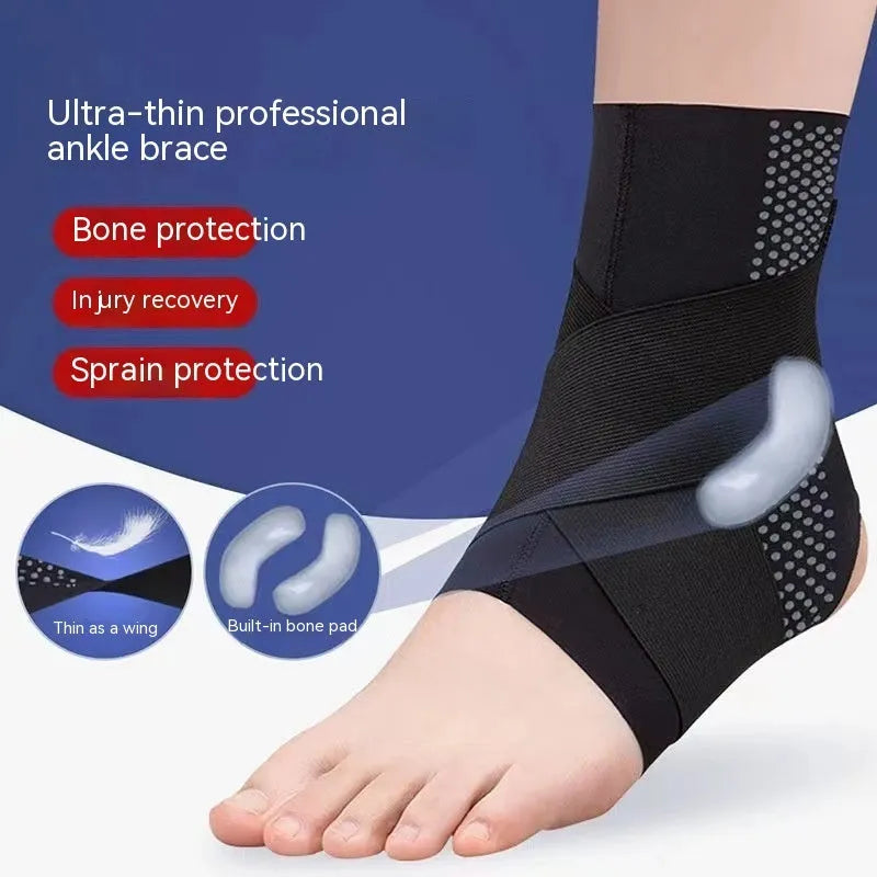 Black Lycra ankle support brace with anti-kick protection shown on adult ankle