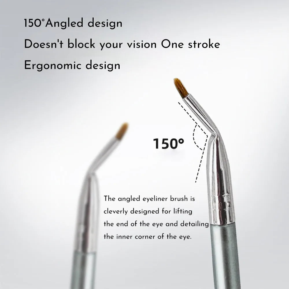 Black bent head eyeliner brush with wooden handle for detail eye makeup application.