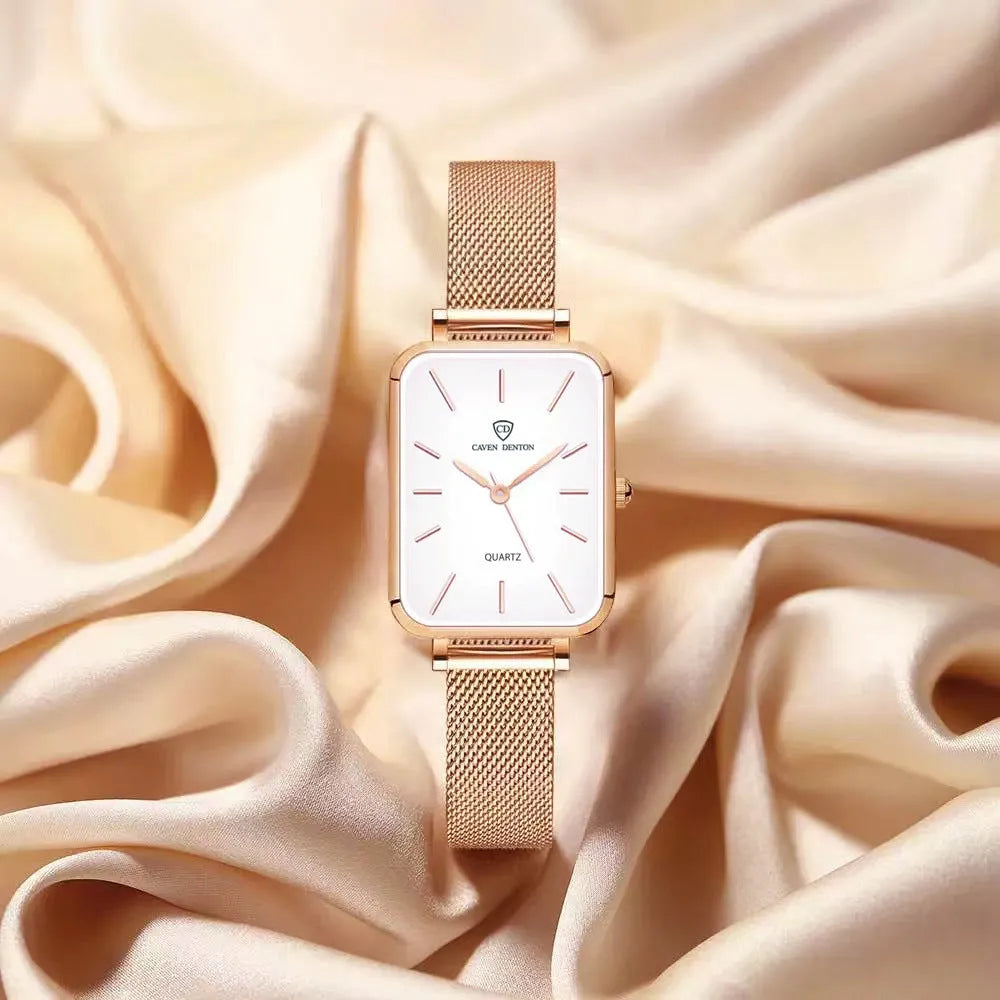 Rose gold or silver women's waterproof quartz watch with a woven steel bracelet.