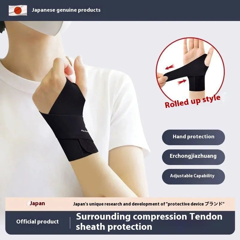 Adjustable black athletic wristguard shown on a wrist, suitable for badminton, tennis, and volleyball.