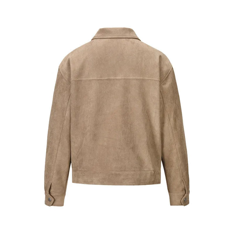 Slim-fit men's jacket with zipper, large pockets, and straight hem in camel, black, or dark grey.