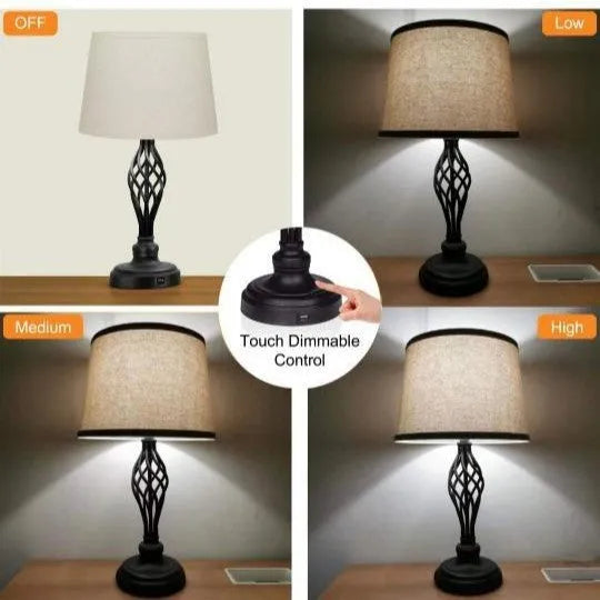European style alloy bedside lamp with touch dimming, cold warm light, and USB charging port.