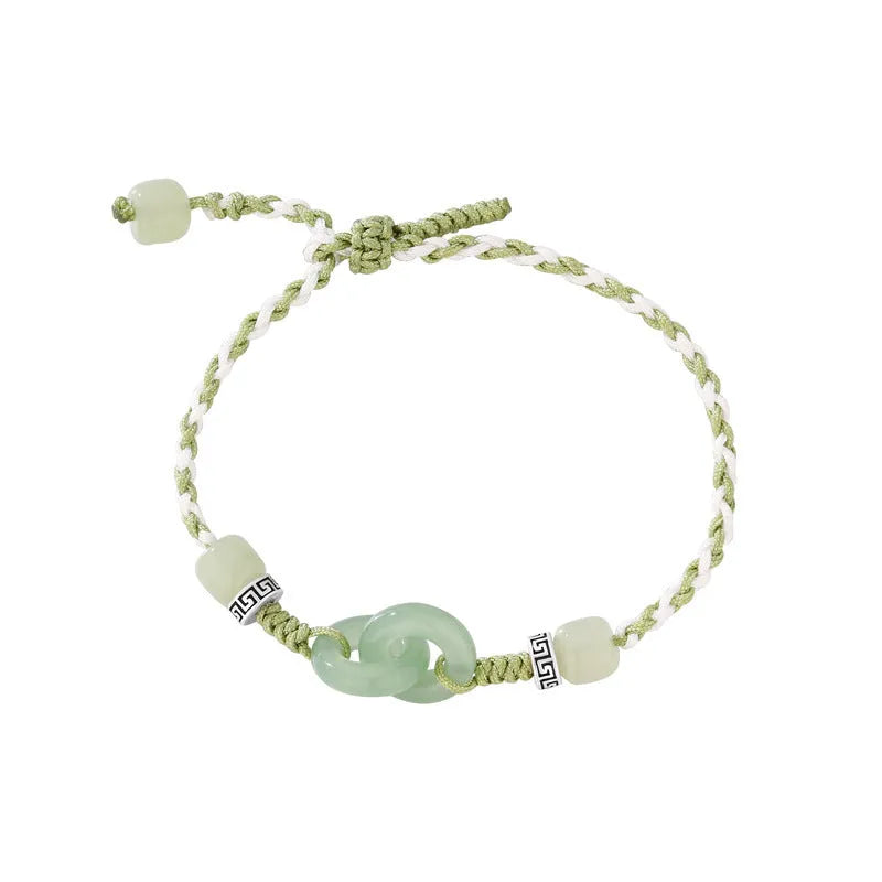 Green copper ethnic bracelet with a peace buckle and jade double rings, animal Zodiac modelling.