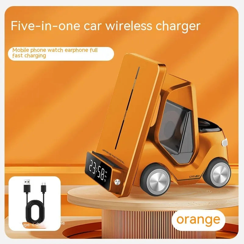A 15W wireless fast charging bracket for phones in orange, showing its angled design and Type-C port.