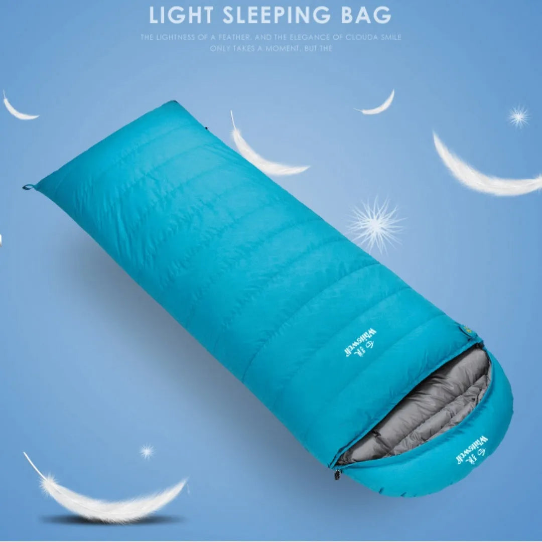 Black adult sleeping bag with white goose down fill and durable nylon shell for outdoor camping.