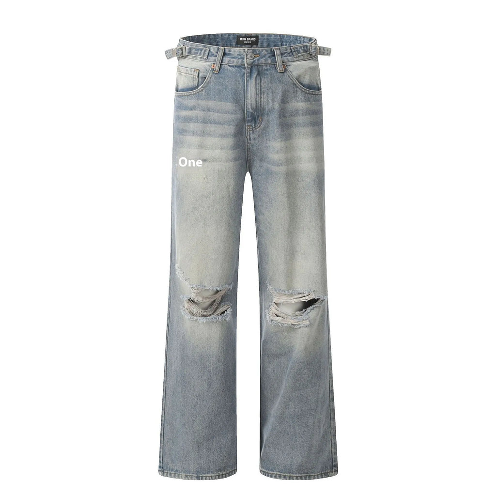 Blue retro-style men's straight-leg jeans with distressed detailing on a solid background