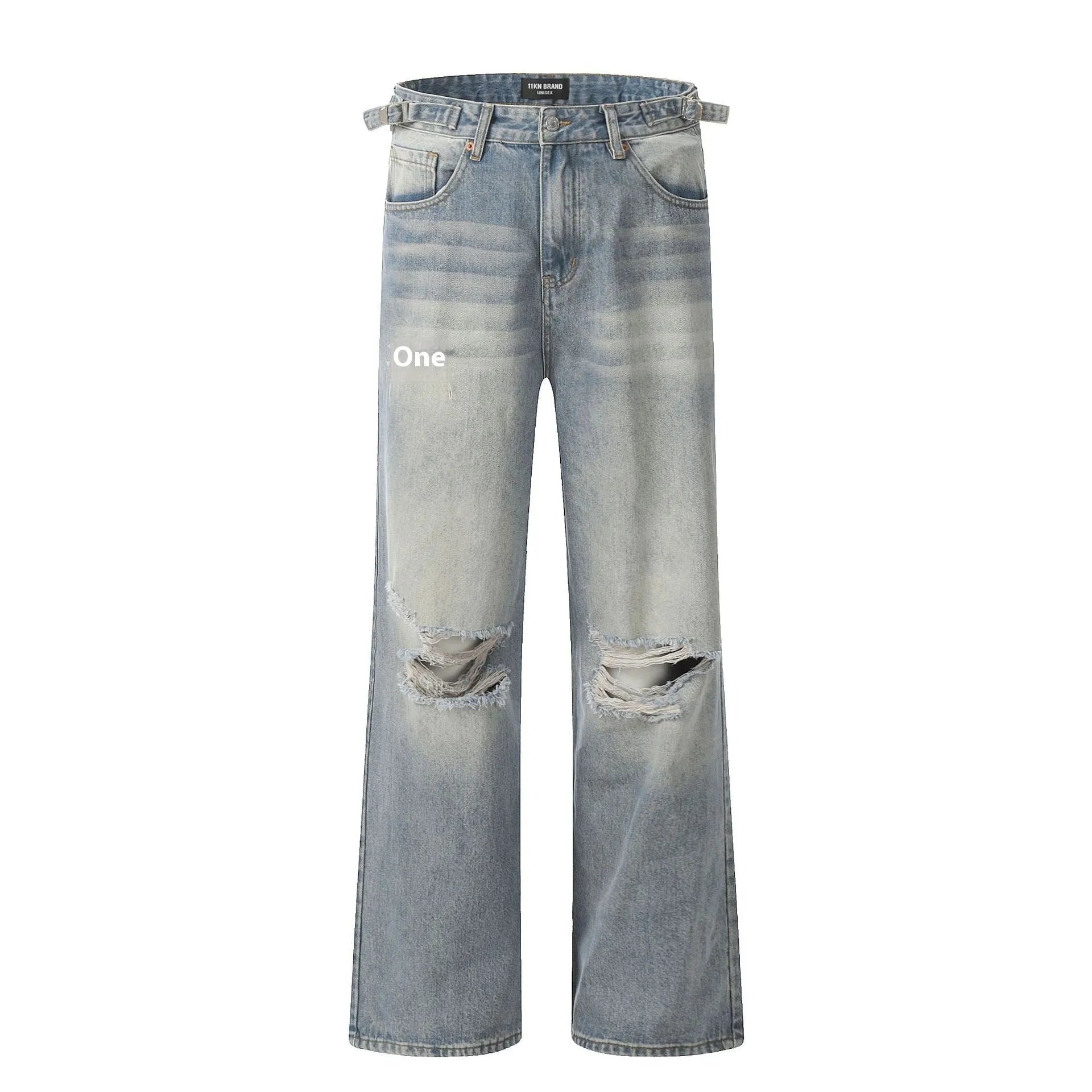 Blue retro-style men's straight-leg jeans with distressed detailing on a solid background