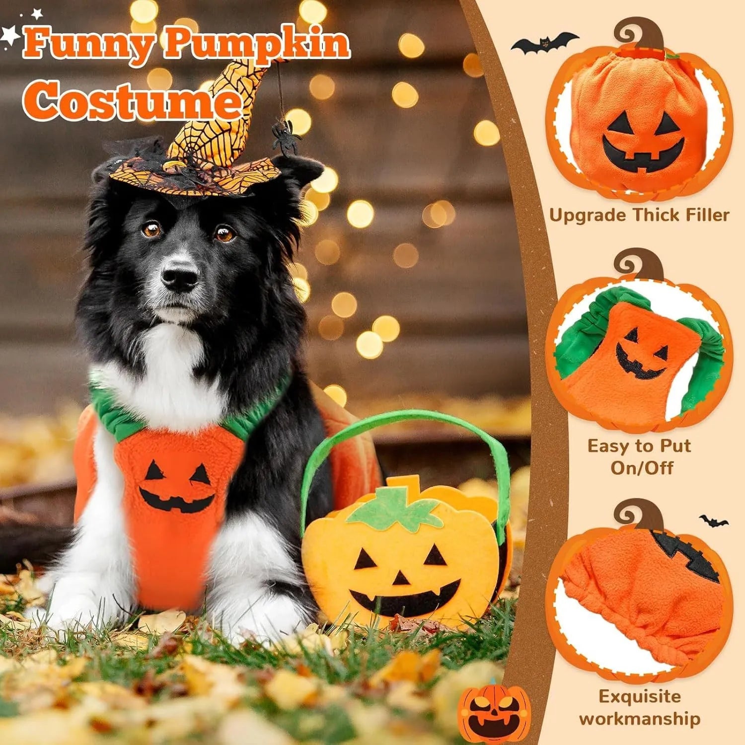 Orange plush pumpkin Halloween costume on small dog with pullover design