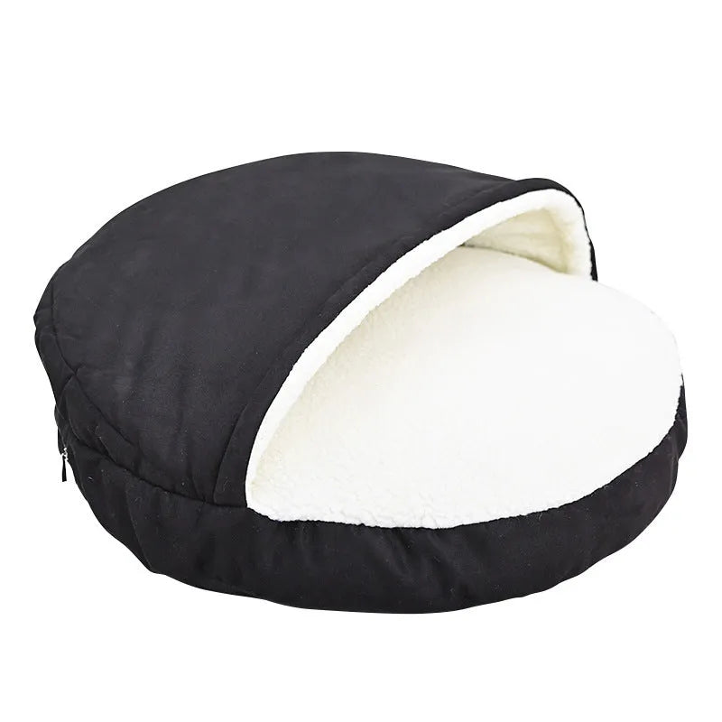 Brown cloth dog kennel with removable washable cover, shown on a wooden floor.