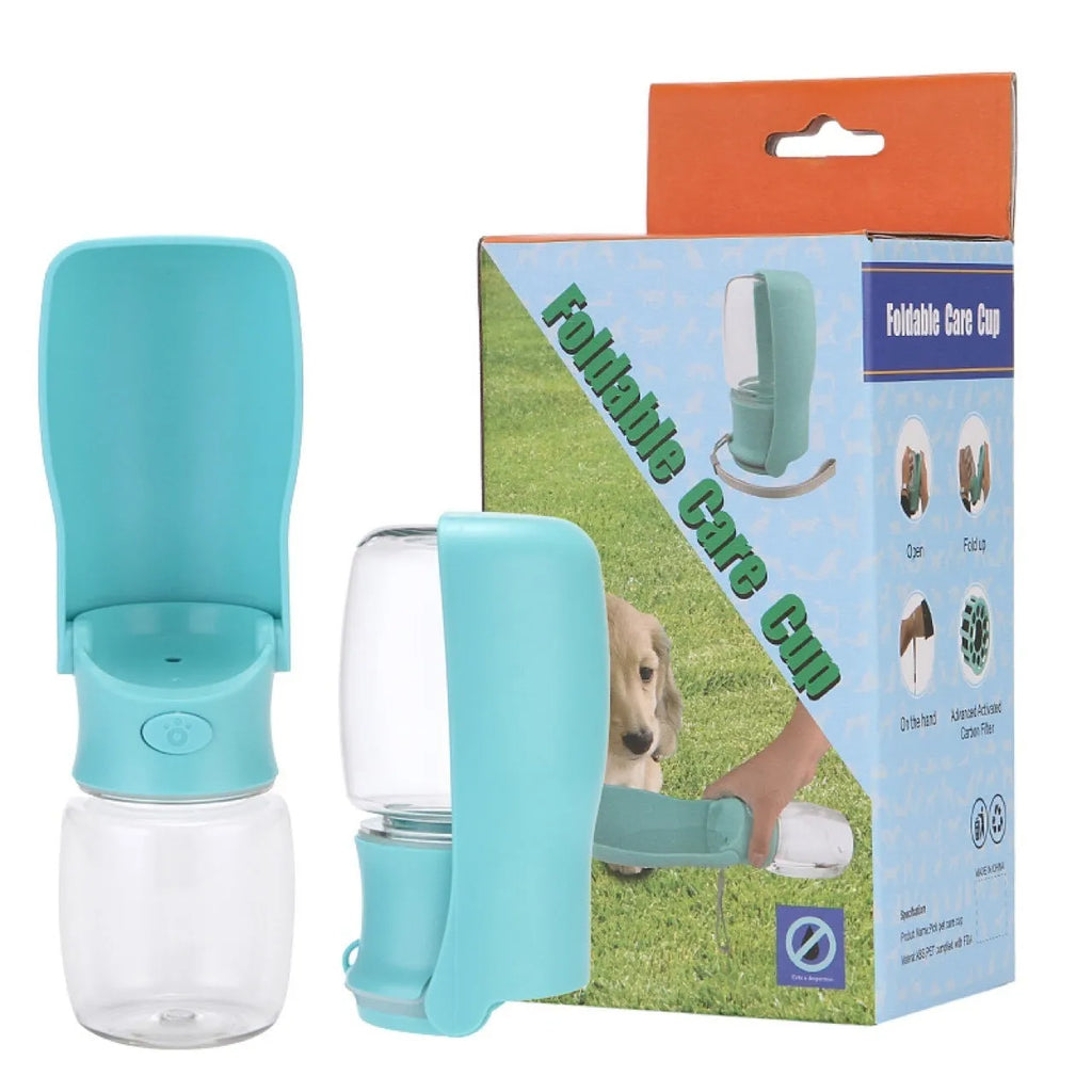 Blue foldable dog water bottle dispenser showing 550ml capacity marking.