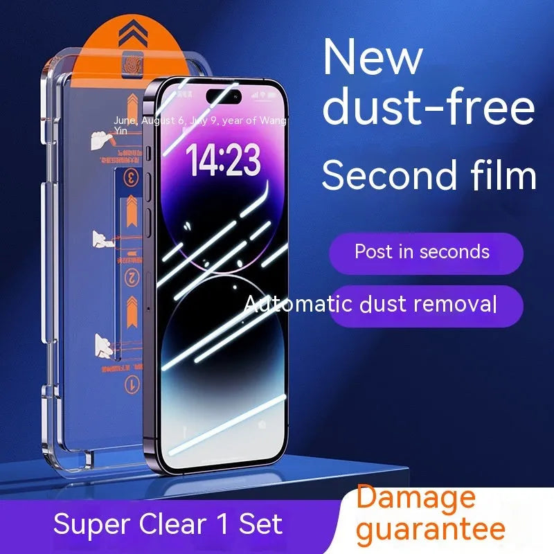 iPhone tempered glass screen protector with anti-fingerprint and anti-blue light features, shown with dustproof application net.