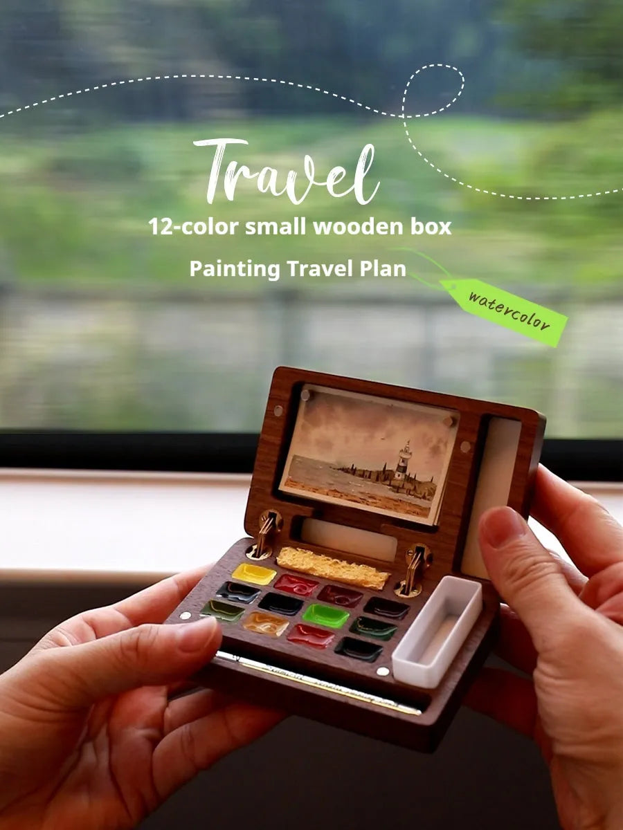 Mini walnut wood watercolour paint box for pigment suit storage