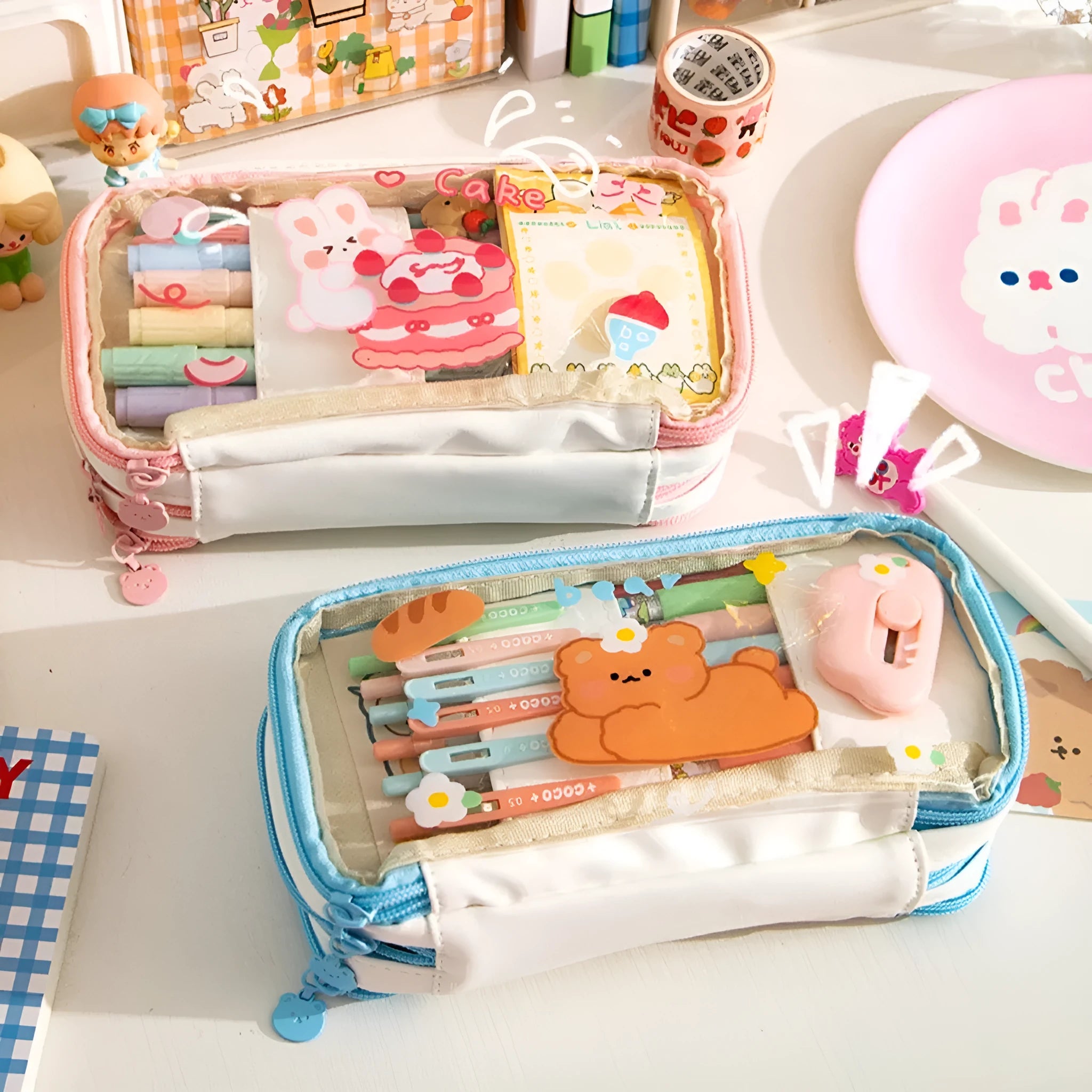 Transparent TPU pencil case with Japanese girl heart rabbit designs in red and pink colour options