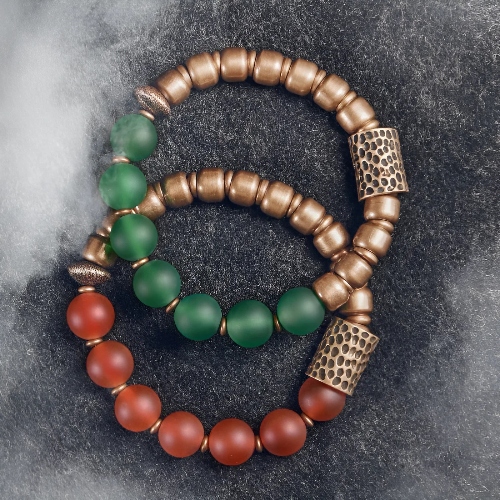 Retro ethnic style couples bracelet made with natural green and red agate beads.