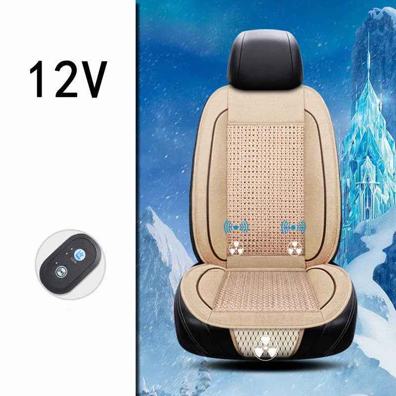 Black car ventilation seat cushion showing minimalist design and power cord