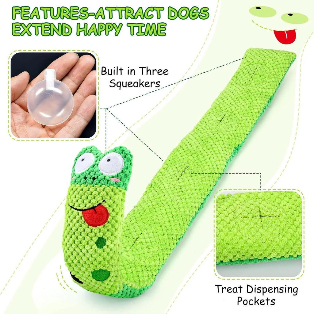 Squeaky dog toy in frog, snail or snake design with hidden food holes for foraging training