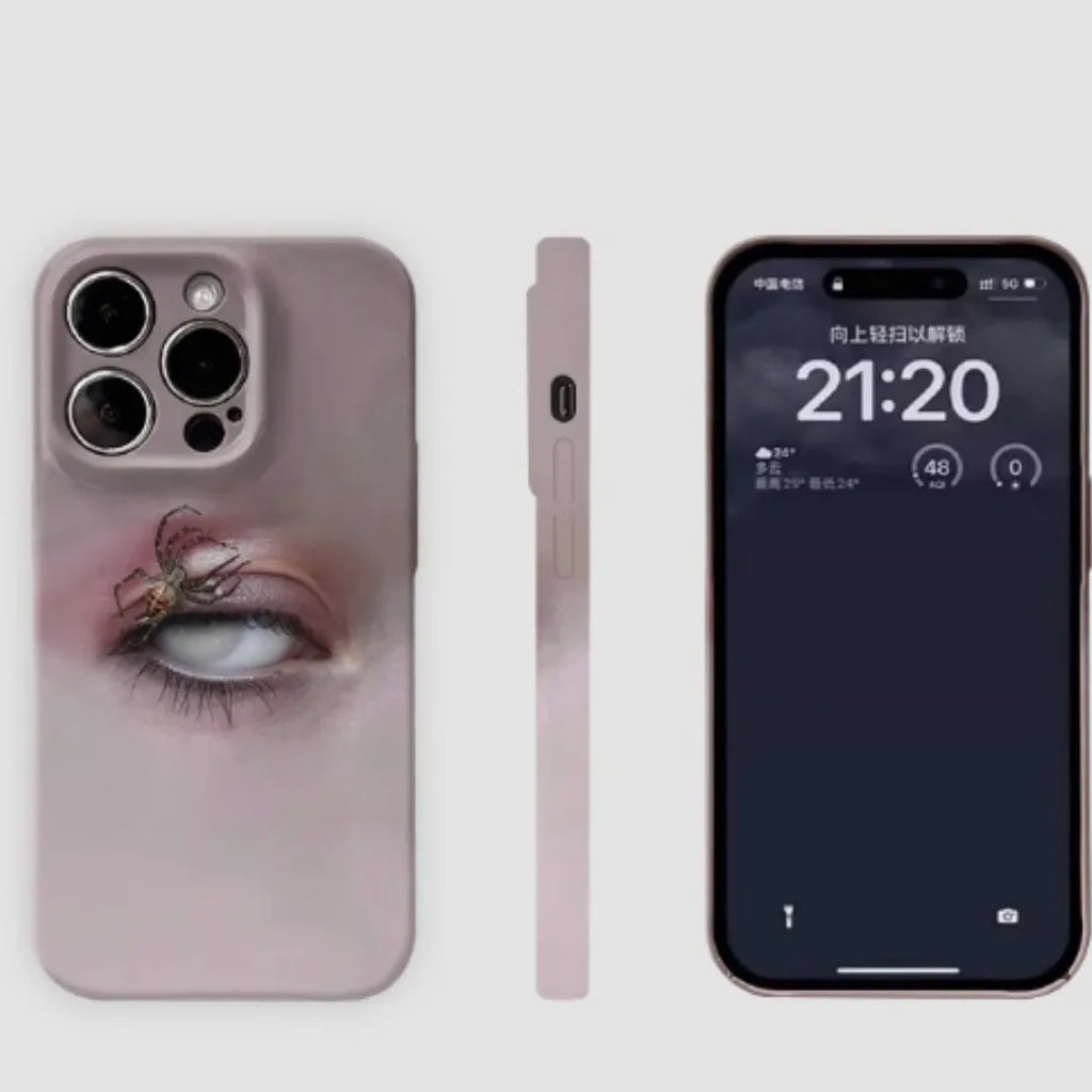 Dark heterochromatic spider pattern protective resin case for iPhone 15 Pro Max on a phone