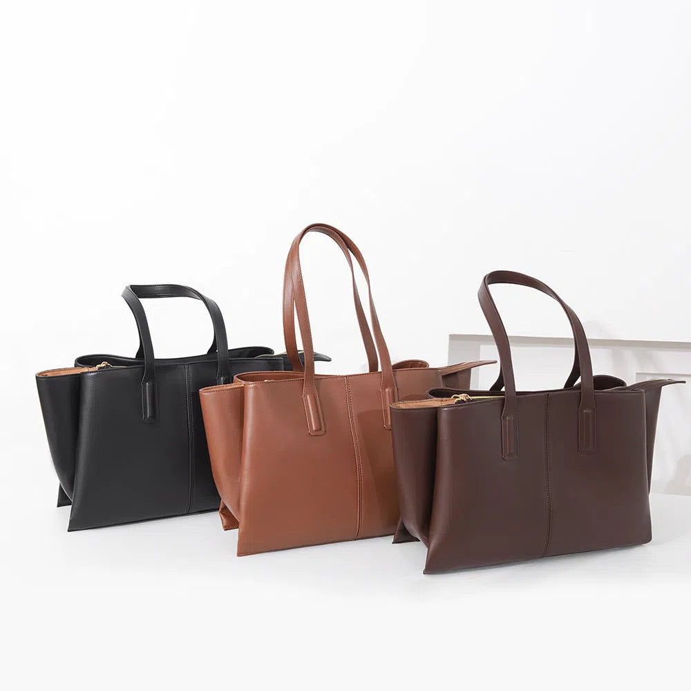 PU leather large-capacity horizontal rectangle bag in urban minimalist style with stitched seams and double shoulder straps