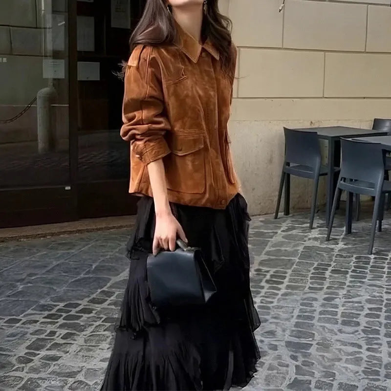 Women's bright brown suede street chic coat with button front and regular sleeves.