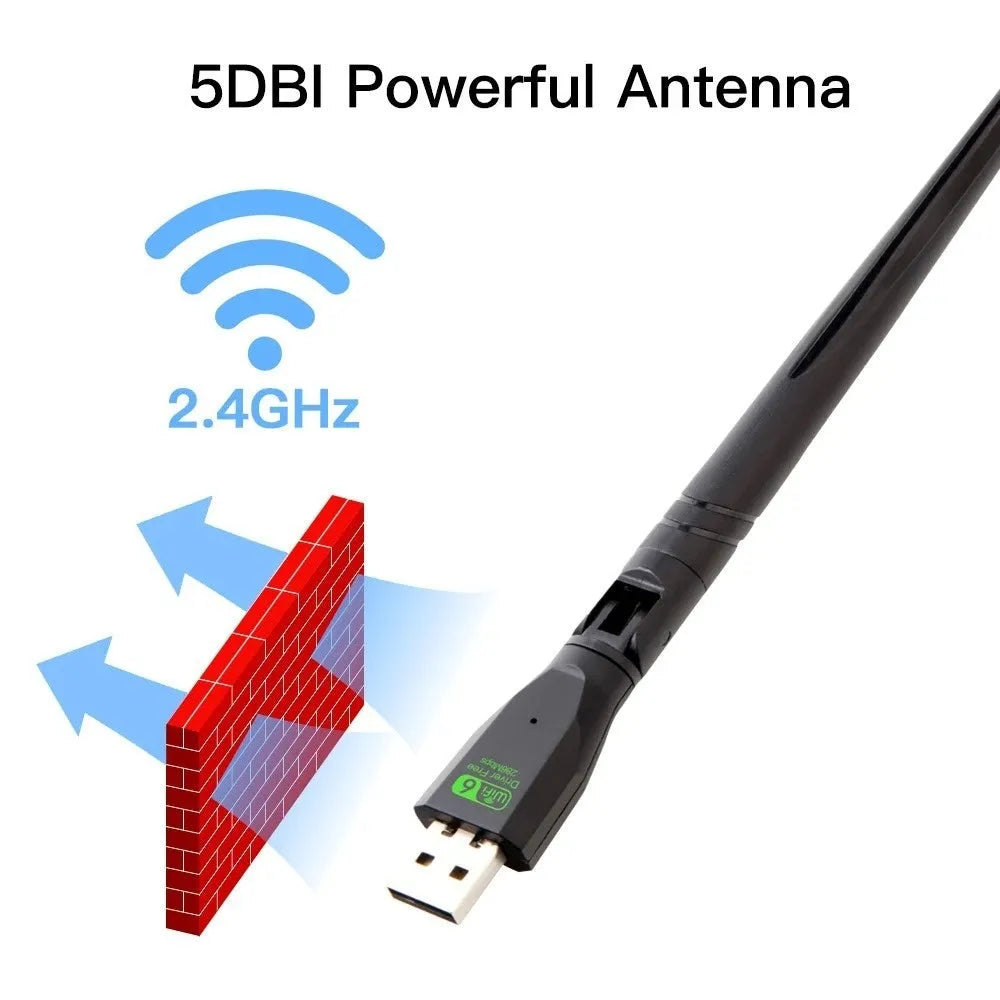 Black USB WiFi 6 wireless network adapter for driver-free PC and laptop connectivity.