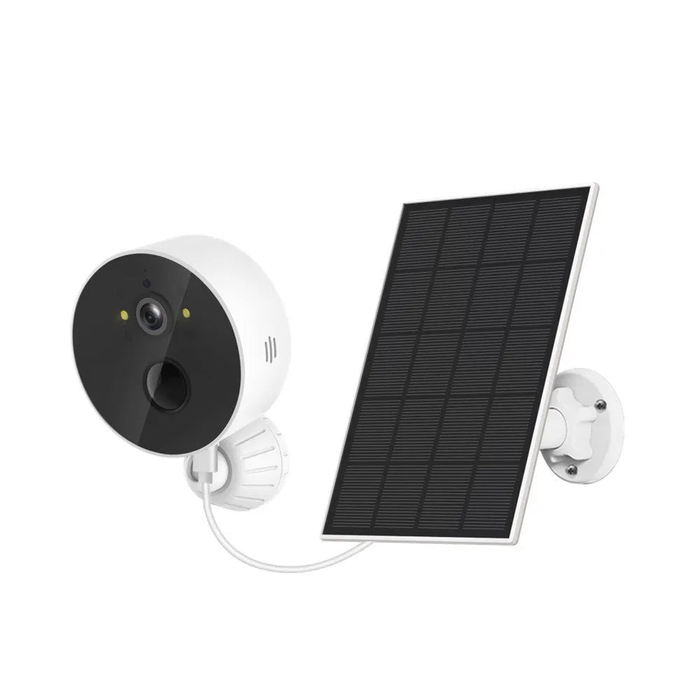 Outdoor solar-powered battery security camera and solar panel unit.