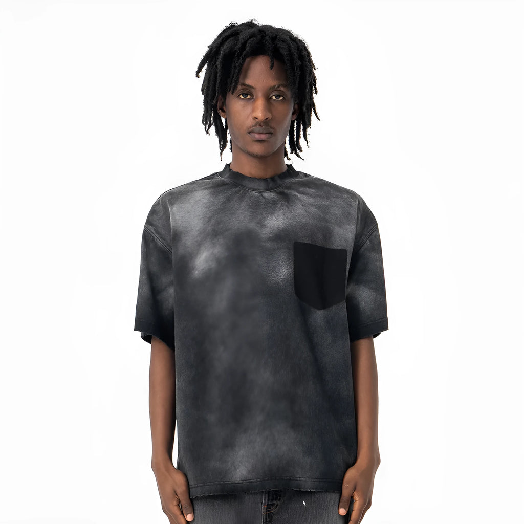 Black men's loose fit cotton T-shirt with printed letter design and drop-shoulder sleeves.
