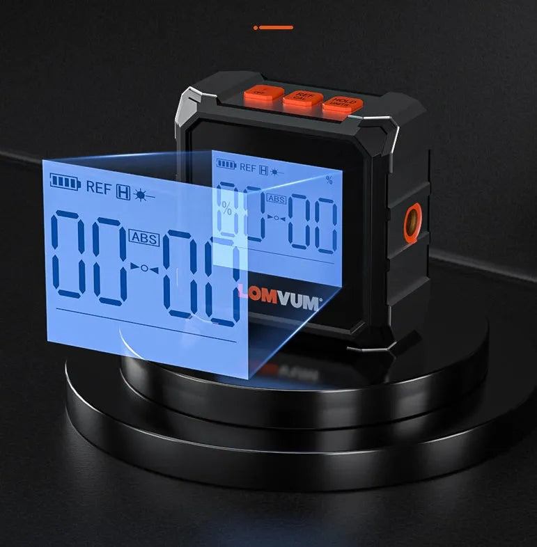 Longyun digital laser tape measure with alloy casing and backlit display on a workbench.