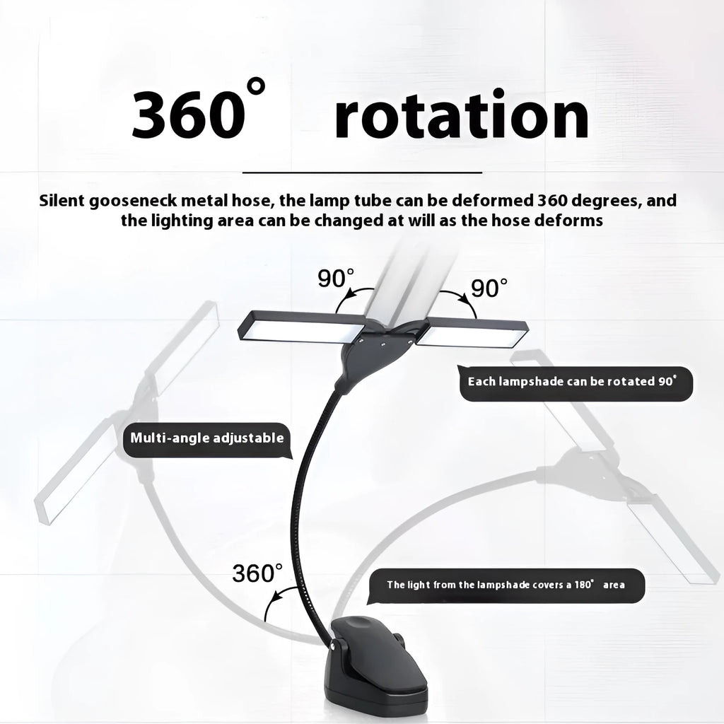 Black rechargeable music stand lamp with 28 LEDs on a metal music stand.