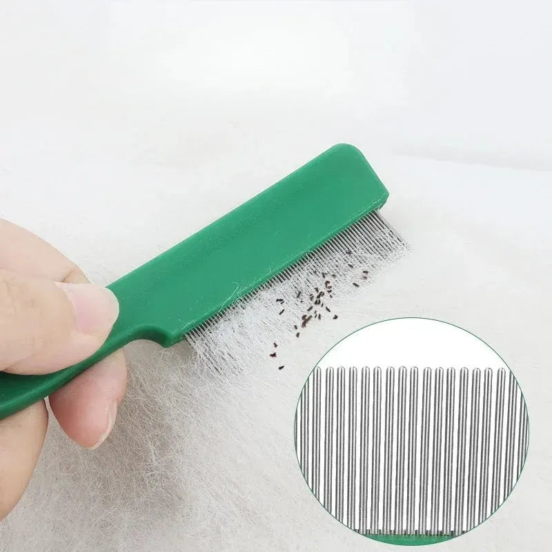 Green plastic-handled flea comb with stainless steel pins for dogs and cats.
