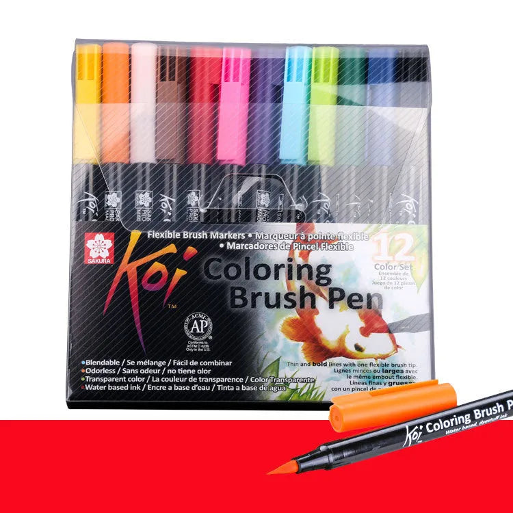 Set of water-based watercolour markers with soft brush tips, showing 6, 12 and 24 colour pack options.