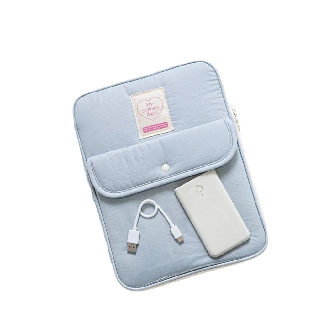 Nylon tablet PC bag with snap pocket closure in multiple colours showing size comparison